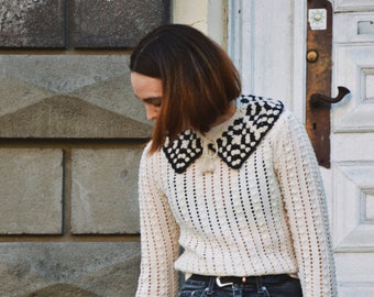 100% Handmade Collar Accessory, Detachable Black and White Collar, Granny Square Neckpiece, Vintage Style Collar, Crochet Collar