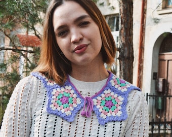 Crochet Colorful Collar Accessory, Knitted Collar Necklace, Handmade Vintage Style Collar, Peter Pan Detachable Collar, Granny Square Collar