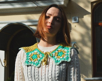 Granny Square Detachable Neckpiece, Color-block Collar Accessory, Vintage Style Handmade Collar, Crochet Accessories, Knitted Collar