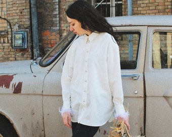 Woman Cotton Shirt With Feathers, Oversized Button Up Shirt, Long Sleeve White Blouse, Feather Shirt, Classic Shirt with Pearl Buttons | UPE