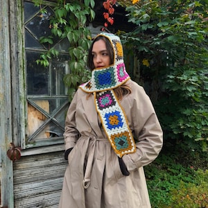 Crochet Granny Square Balaclava with Scarf, Handmade Colorful Hooded Scarf, Winter Accessory, Vintage-Inspired Knit Hood, Knitted Balaclava