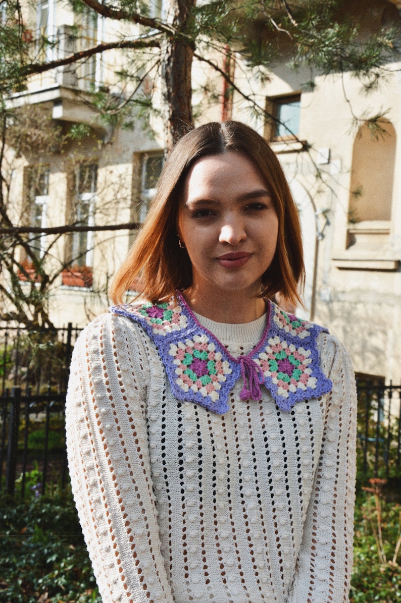 Crochet Colorful Collar Accessory, Knitted Collar Necklace, Handmade Vintage Style Collar, Peter Pan Detachable Collar, Granny Square Collar image 4