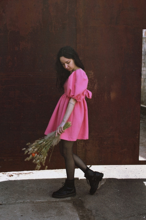 pink dress black tights Michelia Mini Dress in Pink with Black Bow – motelrocks-com-us