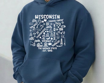 Sudadera con capucha Wisconsin Icon, collage de viaje de Badger State Dairy, regalo con capucha de jerga