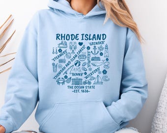 Sudadera con capucha del estado de Rhode Island, sudadera con ícono de collage de viajes oceánicos, regalo de Nueva Inglaterra