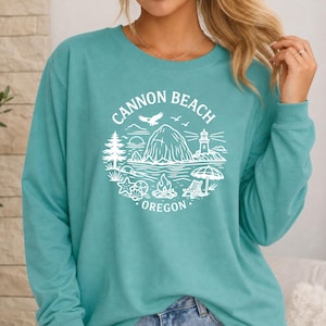 Cannon Beach Oregon Long Sleeve Shirt, Haystack Rock Coastal Graphic, Pacific Northwest Travel Tee, Lighthouse Souvenir Gift