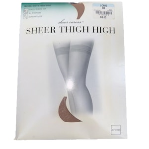 May include: A package of sheer thigh-high stockings. The packaging is white with the words "sheer caress" and "SHEER THIGH HIGH" printed on it. The package also includes the text "SENSIBLE SHEER THIGH HIGH", "STAY UP ELASTIC TOP", "ALL NYLON LEG", and "REINFORCED TOE".
