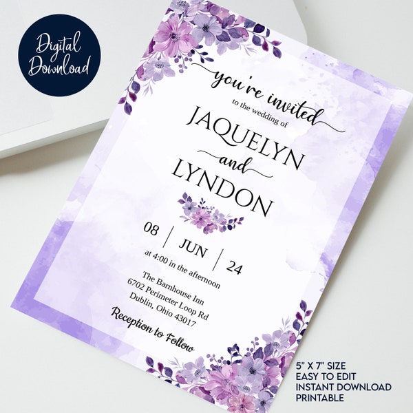 Lavender Colors Wedding Invitation with Watercolor Flowers - Editable File, Instant Download