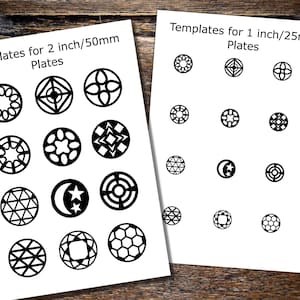May include: Two sheets of paper with black and white geometric designs. The top sheet has the text "Templates for 2 inch/50mm Plates" and the bottom sheet has the text "Templates for 1 inch/25mm Plates".