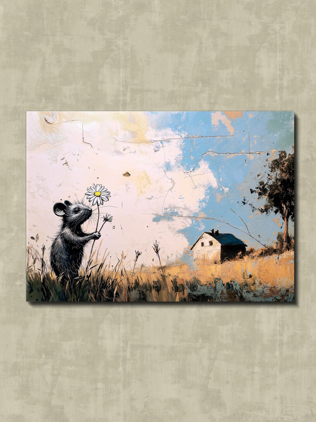 Modern Art Rustic Painting BANKSY Style Vintage Mouse With Daisy Pop ...