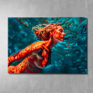 Corpo femminile sensuale e serenità sommersa, decorazione murale per la cameretta della bambina, poster blu a prezzi accessibili