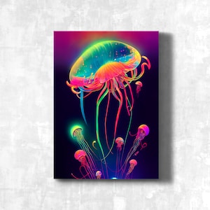 Arte de pared único y colorido de medusas para decorar: póster de animales marinos de neón