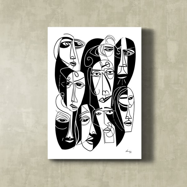 Abstract PICASSO & Cubist Composition Surrealism FACES One Line Drawing Wall ART, Trending Above Bed Poster