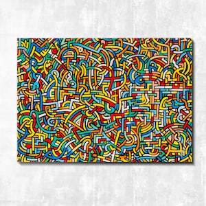 May include: Abstract art print featuring a colourful, intricate pattern of lines and shapes. The design is reminiscent of a maze or a network of interconnected pathways. The colours used are bright and vibrant, including yellow, red, blue, green, and orange.