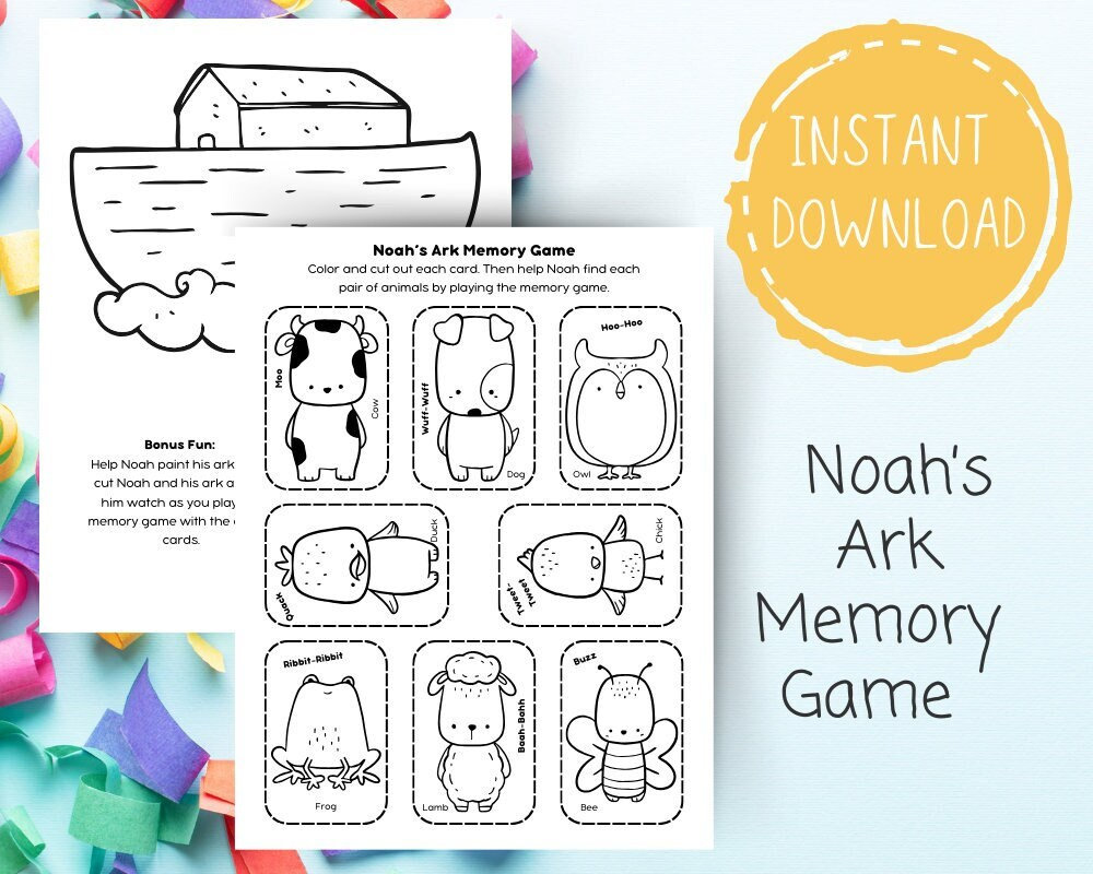Noah's Ark Memory Game, Noah's Ark Activity for Kids, Noah's Ark Coloring Page, Bible Lesson ...
