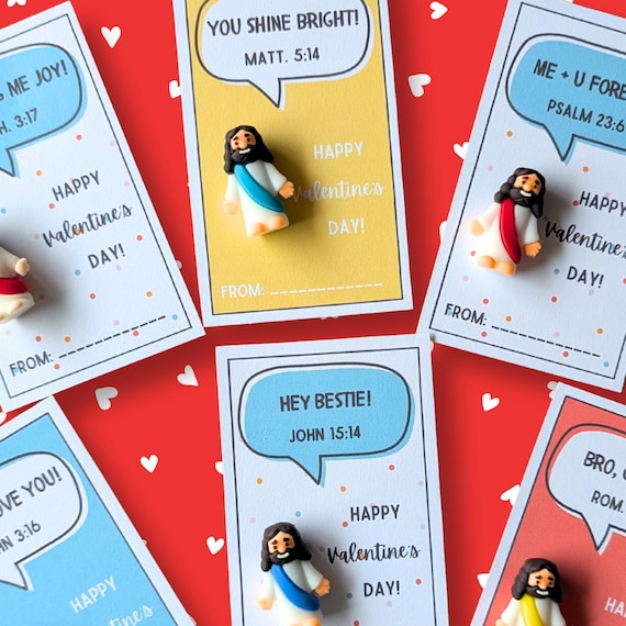 Valentine Cards with Mini Jesus Figurines | Christian Valentine Cards for Kids | Classroom Exchange Cards | Faith Based Valentine Gifts