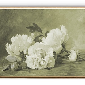 Peonies Digital Print | Vintage Flowers in a Vase Wall Art | Green, and Off White | 5x7, 8x10, 11x14, 12x18, and 16x20 Wall Decor