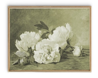 Peonies Digital Print | Vintage Flowers in a Vase Wall Art | Green, and Off White | 5x7, 8x10, 11x14, 12x18, and 16x20 Wall Decor