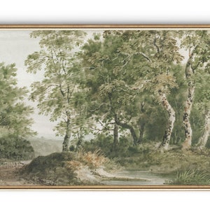 Vintage Landscape Print | Watercolor Digital Print Wall Art | 24x36 Oversized Wall Decor | Modern Farmhouse Art with Trees