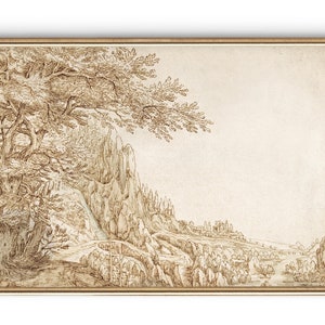 Digital Print Vintage Landscape Sketches Wall Decor | Brown Colors | Trees, Houses and Mountains Wall Art | Antique Drawing Wall Decor