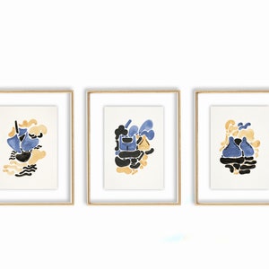 Set of 3 Prints | Gallery Wall Set | Abstract Digital Art Print | Blue Gold Black and White Colors | Modern Colorful Wall Decor