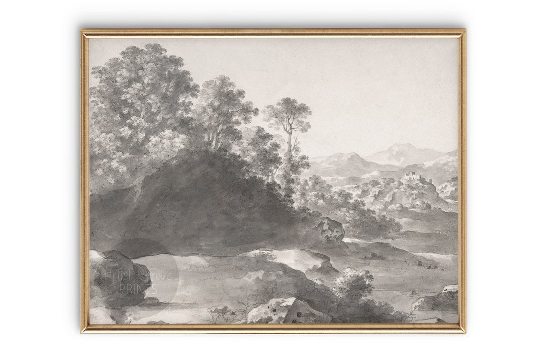 Vintage Black and White Art Landscape Sketch Digital Print Mountains