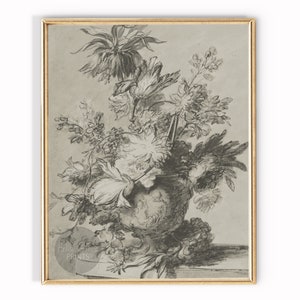 Vintage Digital Prints | Floral Sketch | Antique Drawing | Flowers in a Vase Wall Decor | 8 x 10, 11 x 14, 12x18 Neutral Print Wall Art