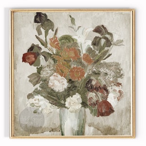 Vintage Vase of Flowers Digital Print Painting | Antique Floral Wall Decor |  Rust, Burnt Orange, & White Print Wall Art | 12x12 Wall Art