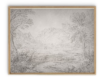 Digital Prints | Black and White Wall Art | Landscape Sketch with Mountains | Antique Drawing Wall Decor |  Art Print Download