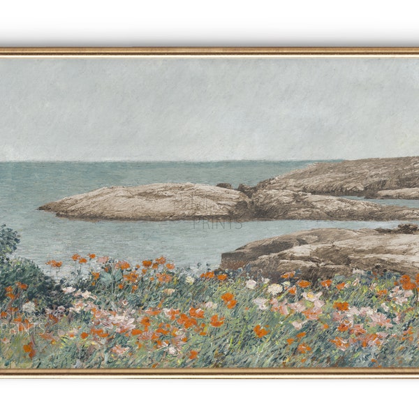 Coastal Wall Art Large Print Blue, Orange Poppies | Muted Colors Seascape Vintage Painting Print | Trendy Digital Prints Wall Art Download