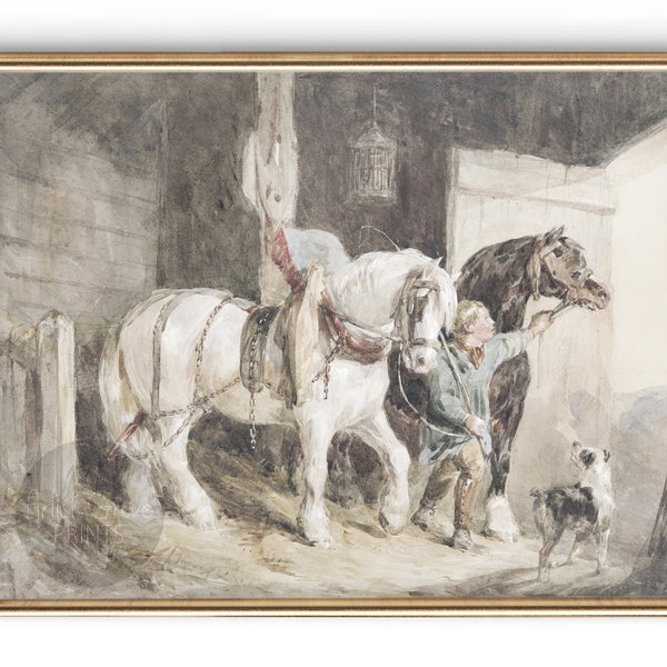Vintage Watercolor Painting | Horse, Child, and Dog in Barn Digital Print Wall Decor | Neutral Print | Farmhouse Wall Art