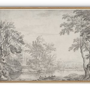 Landschaftsskizze | Digitaldrucke Wandkunst | Schwarz-Weiß-Grau-Druck | Übergroße Wanddekoration | Moderne Bauernhaus Kunst | Bäume