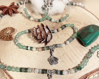 Green AMARANDE set sold separately: earrings, bracelet and necklace with flower pendants and Aventurine and Amazonite gems