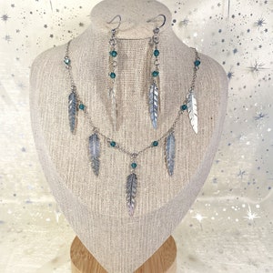 ASSIA set sold separately: silver earrings and necklace with feather pendants and blue glass beads image 1