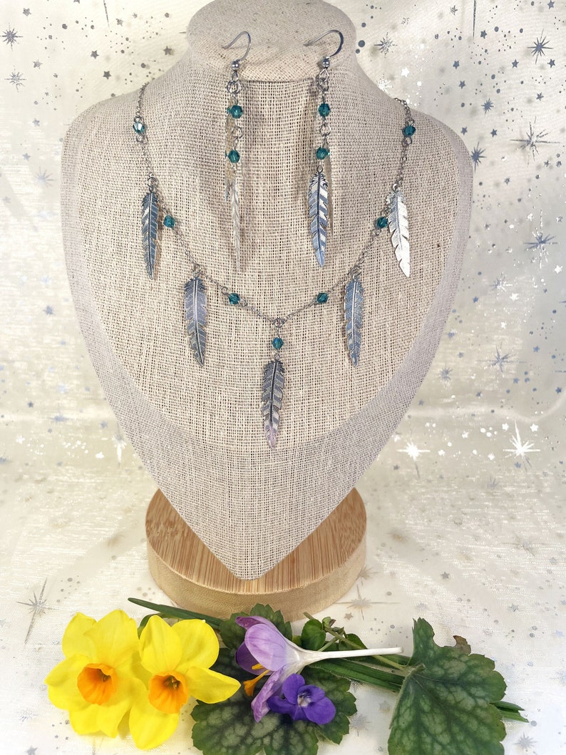 ASSIA set sold separately: silver earrings and necklace with feather pendants and blue glass beads image 1