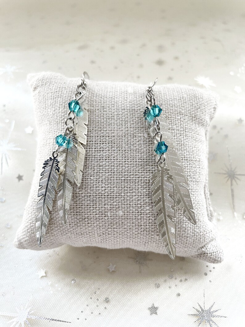 ASSIA set sold separately: silver earrings and necklace with feather pendants and blue glass beads image 3