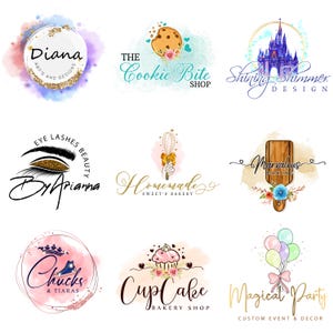 May include: A collection of nine watercolour logo designs for various businesses. The logos feature a variety of themes, including baking, beauty, parties, and more. The logos are all designed in a whimsical and colourful style.