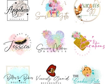 May include: A collection of nine colorful logos for small businesses. The logos feature a variety of designs, including a rooster, a cookie, a flower, a lip, and a mouse. The logos are all set against a white background.