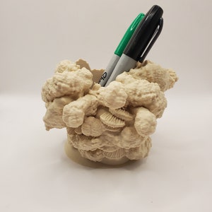 Puede incluir: Un organizador de escritorio de color beige en forma de concha impreso en 3D con dos marcadores negros y verdes en su interior.