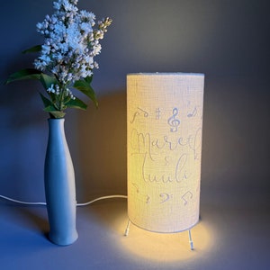 Floor lamp, linen lampshade, personalised table lamp, embroidered lamp, music lover wedding gift, music notes linen lamp