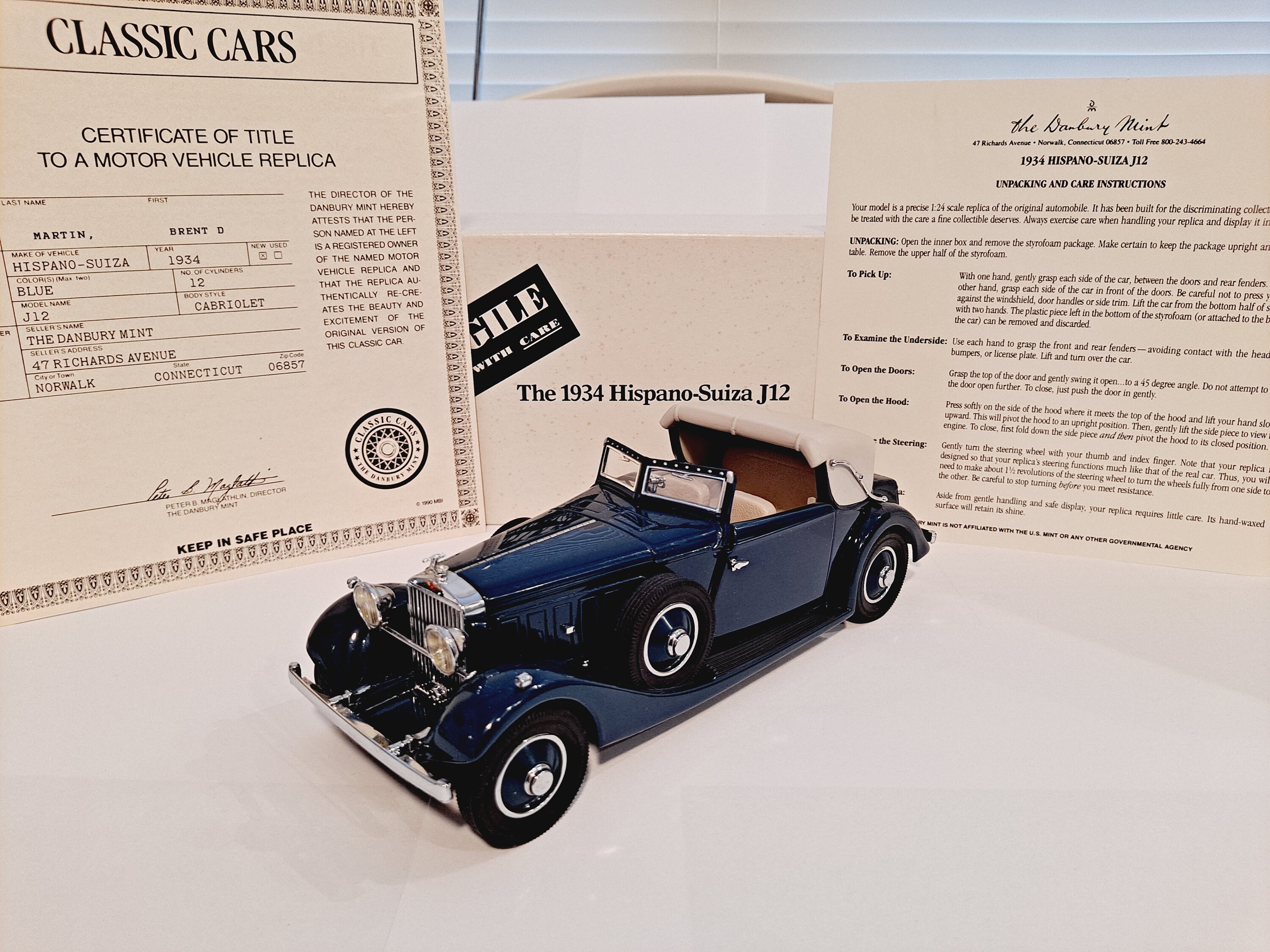 Danbury Mint 1934 Hispano Suiza J12, Blue, 1:24 Scale in