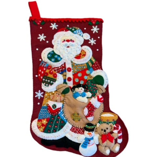 Santa Sack of Toys -  Bucilla Christmas Felt Sequin Stocking - Handcrafted & One of a Kind, Ready to Ship