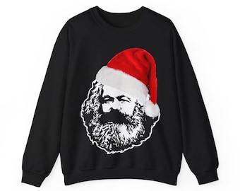 May include: Black sweatshirt featuring a white graphic of a bearded face wearing a red and white Santa hat. The graphic is centered on the front of the long-sleeved crew neck top. The sweatshirt is made of a soft material.