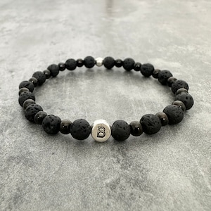 Mens Personalised Beaded Initial Bracelet, Black Name Bracelet, Lava Stone, Stainless Steel, Custom Jewelry for Dad Husband Boyfriend