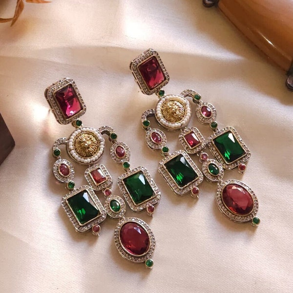 Sabyasachi Inspired AD Long Earrings | Sabya Large Earrings / Statement Jewelry / Statement Earrings / Premium Lion Finish Earrings