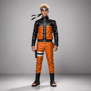 May include: A cosplay costume featuring a black and orange jacket with a full-length zipper, matching orange trousers with a white leg band, and black open-toe boots. The ensemble includes a forehead protector headband with a metal plate emblem.