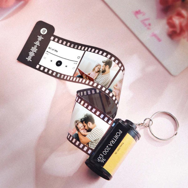 Gift For Father Spotify With Text Camera Roll Keychain Custom Photo, Film Roll Keychain With Spotify Code