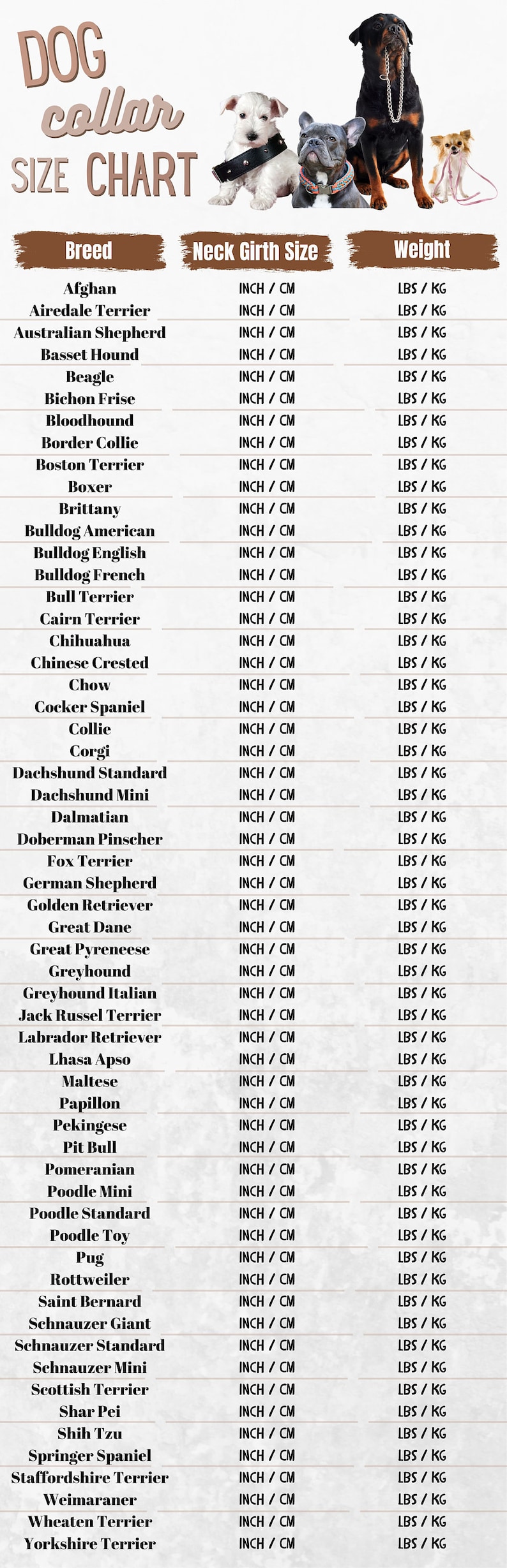 Dog Collar Size Chart 58 Breeds Etsy