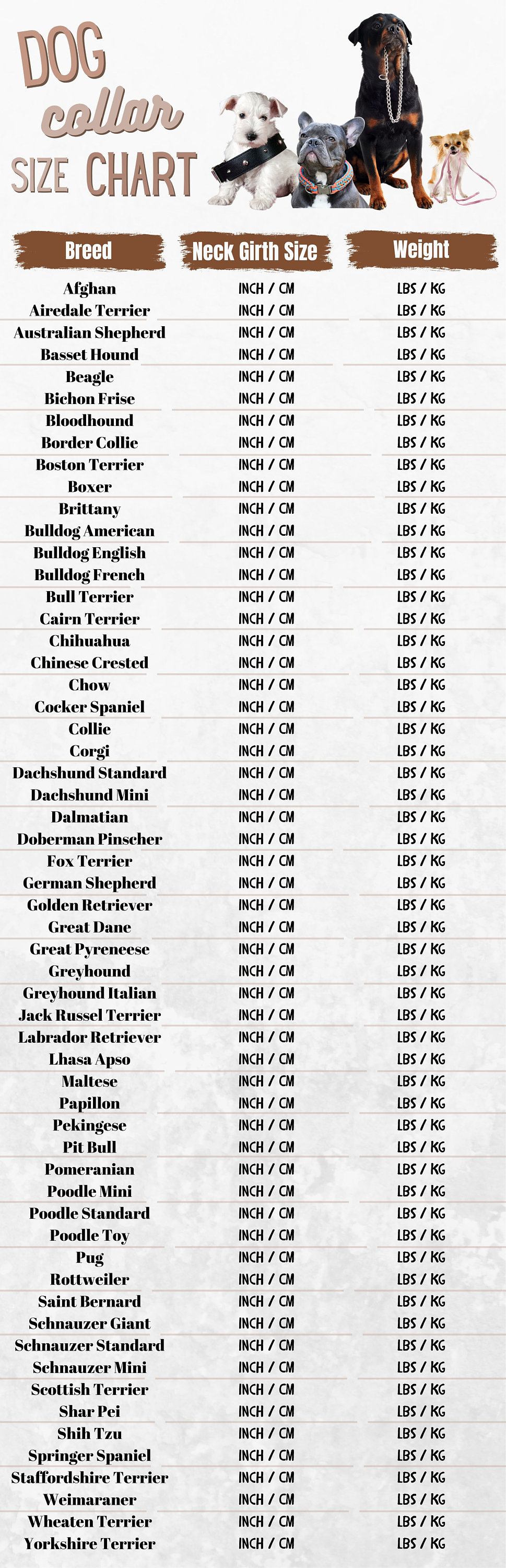 Dog Collar Size Chart 58 Breeds Etsy