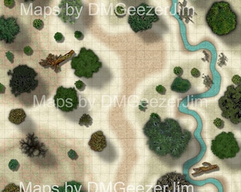 Forest Path Creek Battle Map, D&D Battle map, VTT digital Map for RPG and tabletop use.